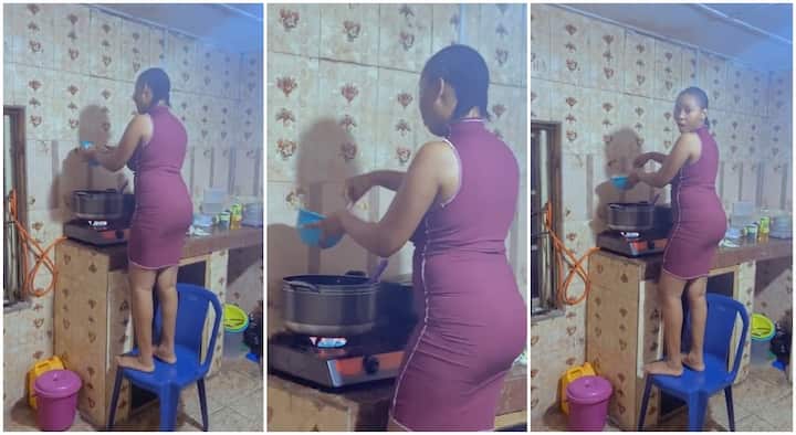 I love short girls”: Lady supports her height with chair while cooking in video